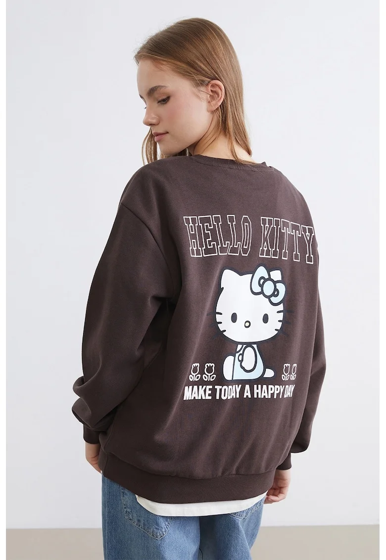 Bluza de trening din amestec de bumbac cu imprimeu Hello Kitty, Albastru pastel/Maro inchis/Alb optic