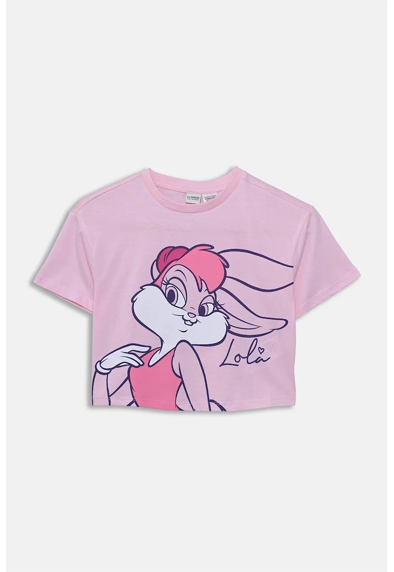Tricou crop din amestec de bumbac cu imprimeu Lola, Alb optic/Roz prafuit
