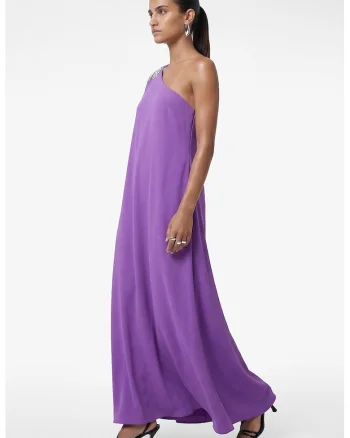 Rochie cu decolteu pe un umar si strasuri, Violet