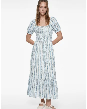 Rochie lunga evazata cu model floral, Albastru royal/Alb murdar