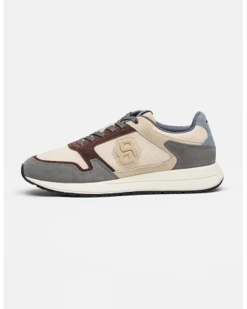 Pantofi sport Vinston wedge din piele intoarsa si material textil, Maro cognac/Crem/Gri inchis