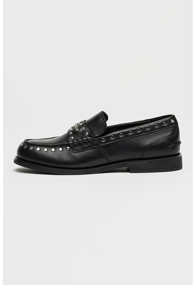 Pantofi loafer din piele cu aplicatie cu tinte, Negru/Argintiu