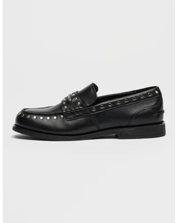 Pantofi loafer din piele cu aplicatie cu tinte, Negru/Argintiu