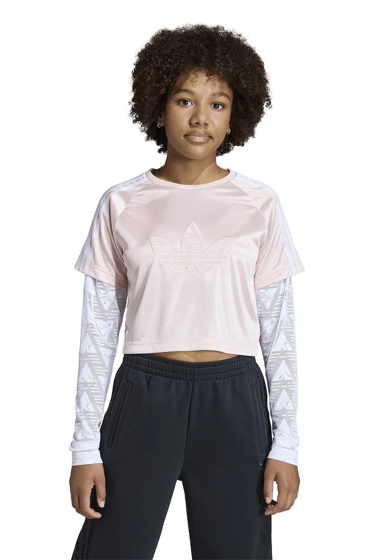 Bluza crop cu decolteu la baza gatului, Alb/Roz deschis