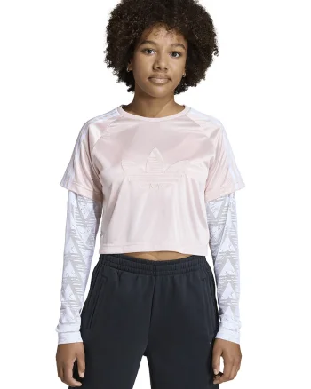 Bluza crop cu decolteu la baza gatului, Alb/Roz deschis