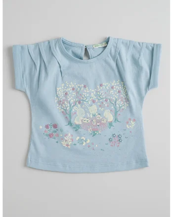 Tricou cu imprimeu grafic si maneci rulate, Albastru pastel