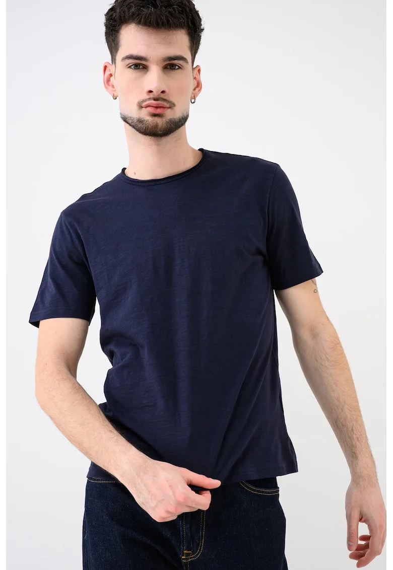 Tricou din bumbac cu decolteu la baza gatului, Bleumarin