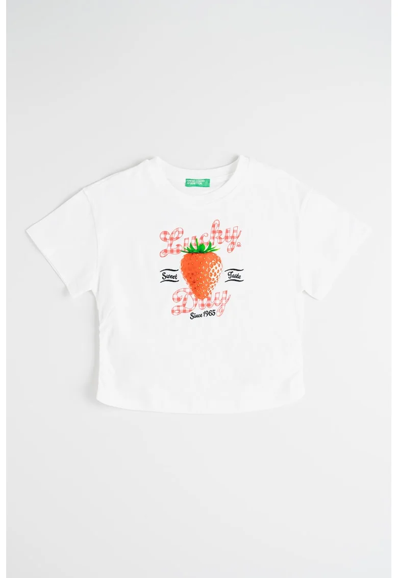 Tricou cu decolteu la baza gatului si imprimeu cu fructe, Alb