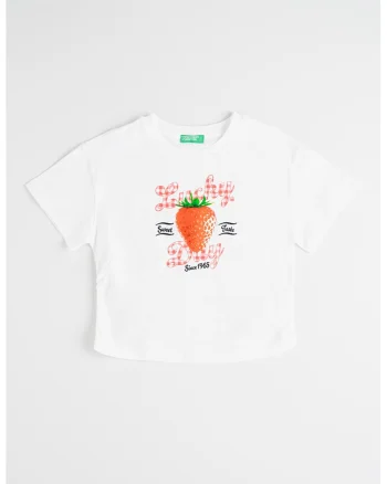 Tricou cu decolteu la baza gatului si imprimeu cu fructe, Alb