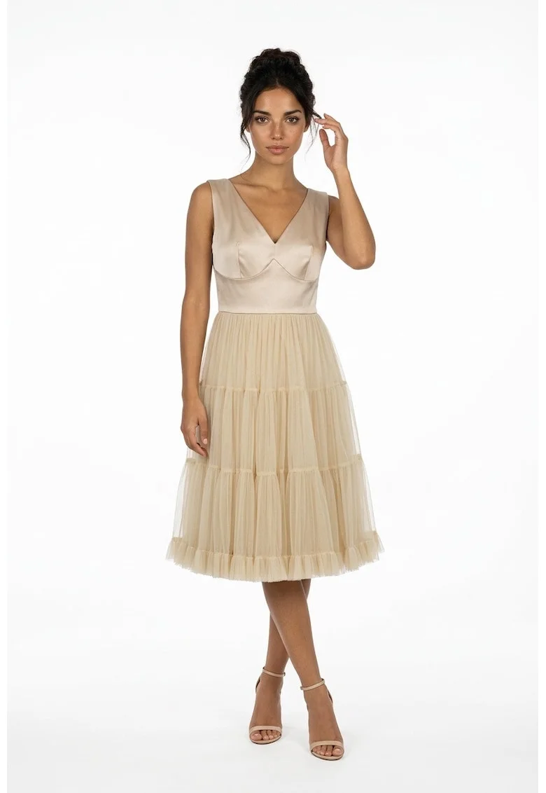 Rochie midi din tul si tafta Francisca, Bej