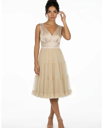 Rochie midi din tul si tafta Francisca, Bej