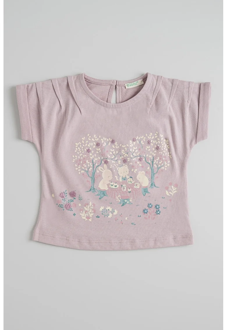 Tricou cu imprimeu grafic si maneci rulate, Lila