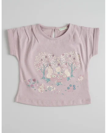 Tricou cu imprimeu grafic si maneci rulate, Lila