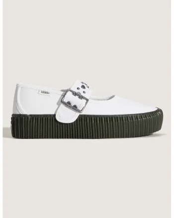 Balerini Mary Jane din piele ecologica Creeper, Alb/Kaki inchis