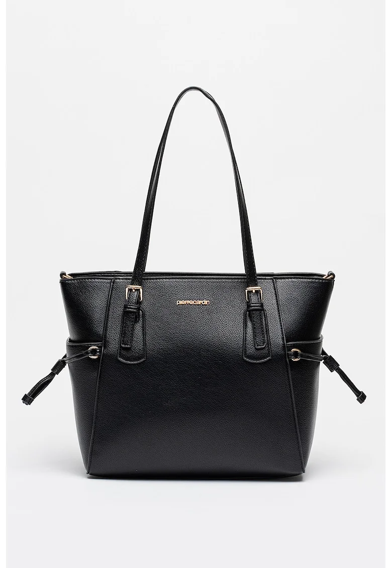 Geanta shopper cu aspect granulat si buzunare laterale, Negru