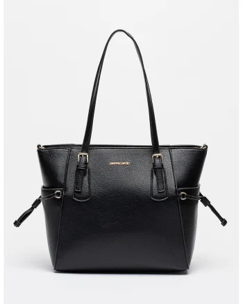 Geanta shopper cu aspect granulat si buzunare laterale, Negru