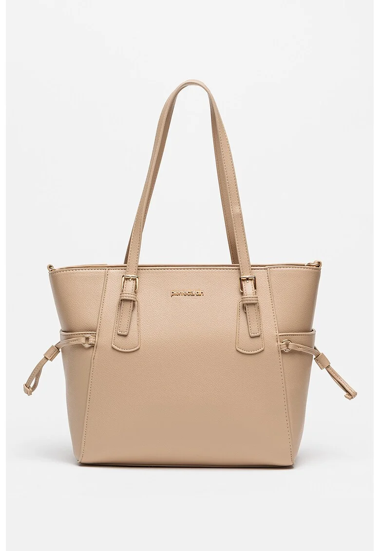 Geanta shopper cu aspect granulat si buzunare laterale, Bej inchis