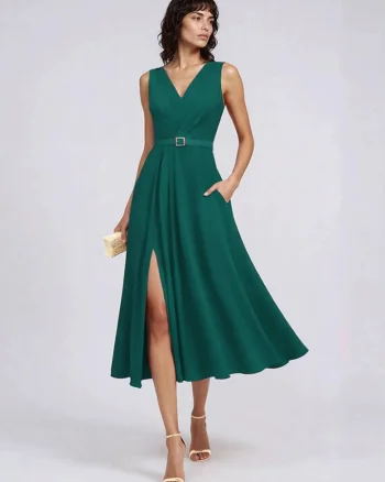 Rochie cocktail midi cu drapaje Amavi, Verde inchis
