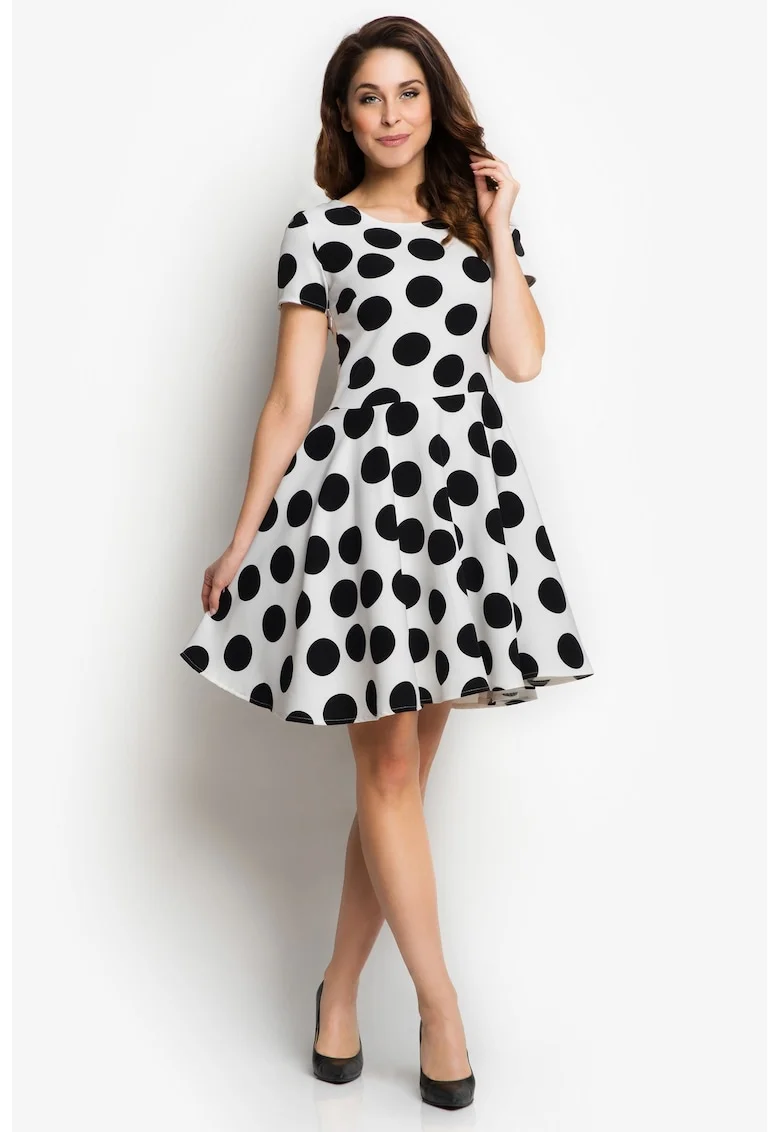 Rochie dama,  evazata, alb/negru, poliester-elastan,