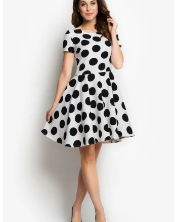 Rochie dama,  evazata, alb/negru, poliester-elastan,