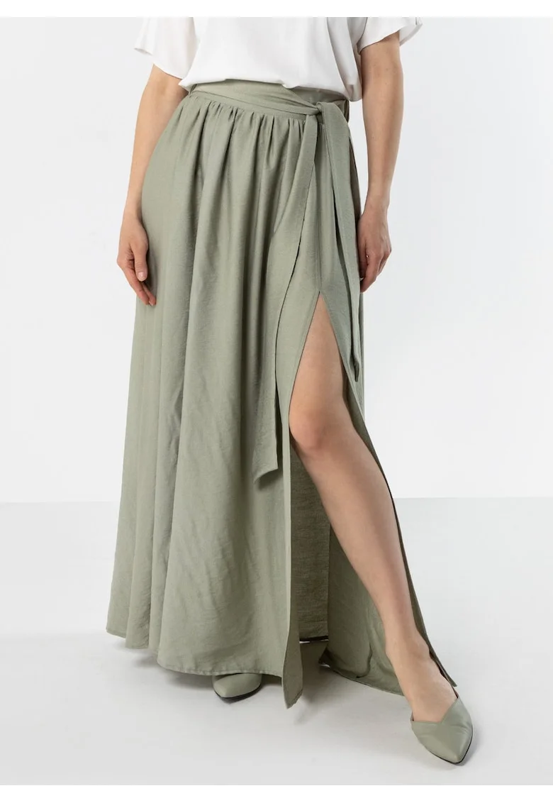 Fusta maxi  talie inalta, snur, slit, nylon, verde