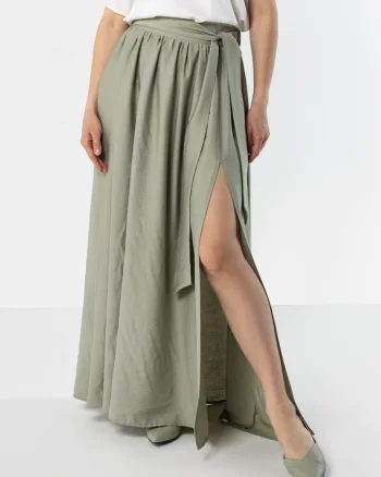 Fusta maxi  talie inalta, snur, slit, nylon, verde