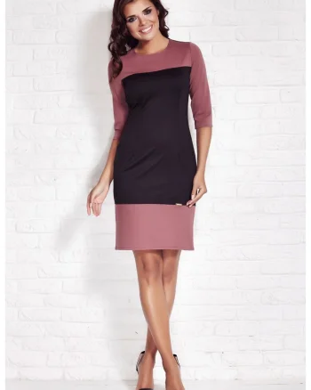 Rochie dama  maneci 3/4, decolteu barca, negru-roz, poliester-elastan,