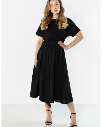 Rochie midi dama,  in, cordon in talie, negru