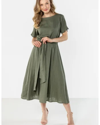 Rochie midi dama,  in, cordon in talie, kaki