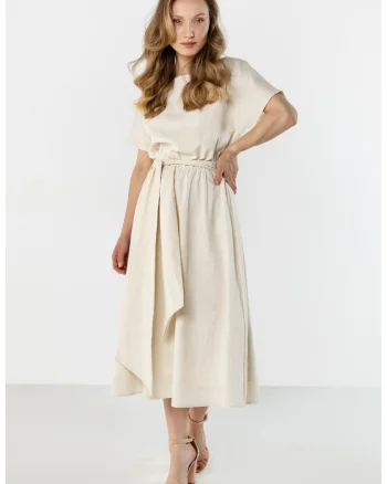 Rochie midi dama,  in/viscoza, cordon in talie, bej
