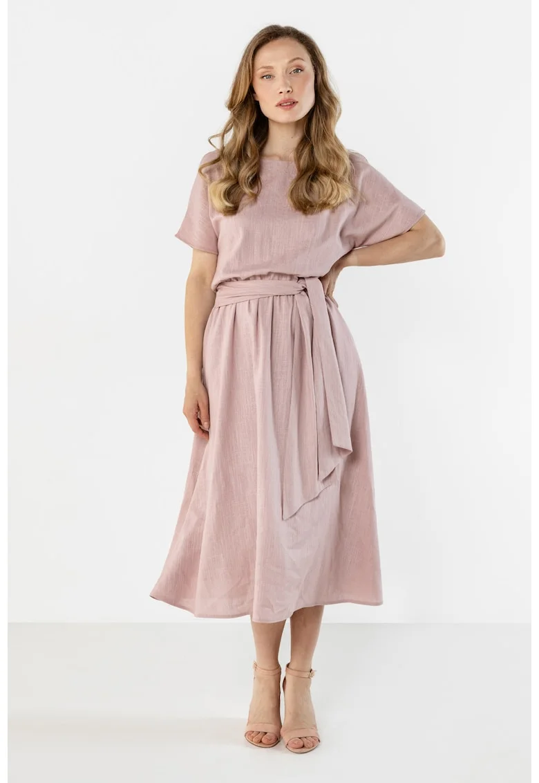 Rochie midi dama,  in, cordon in talie, roz murdar