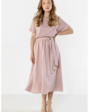 Rochie midi dama,  in, cordon in talie, roz murdar