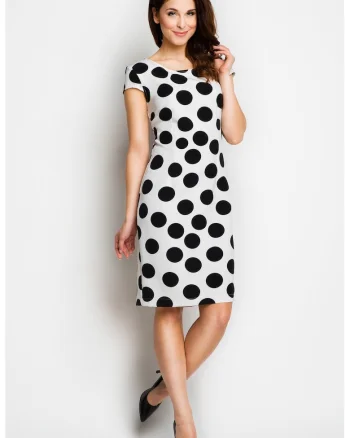 Rochie tip creion,  alb/negru, poliester-elastan, cu maneca scurta, pliuri spate,