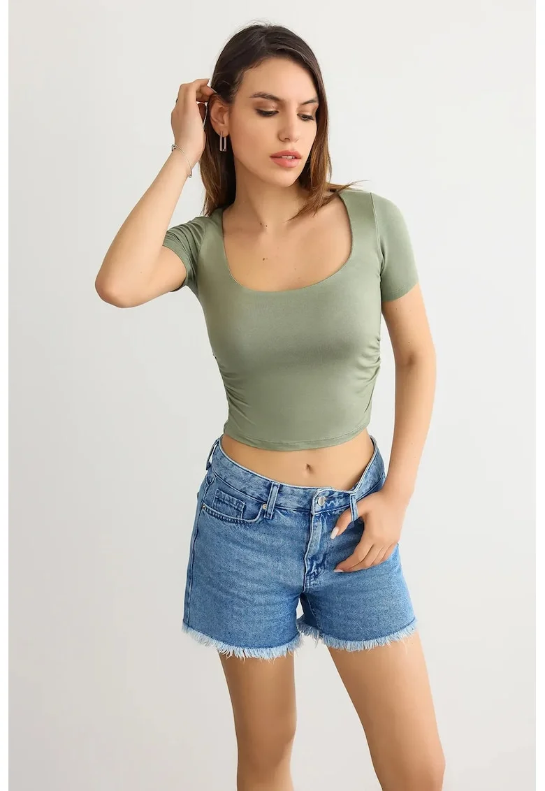 Bluza scurta,  cu nervuri, decolteu rotund, negru, viscoza, Verde