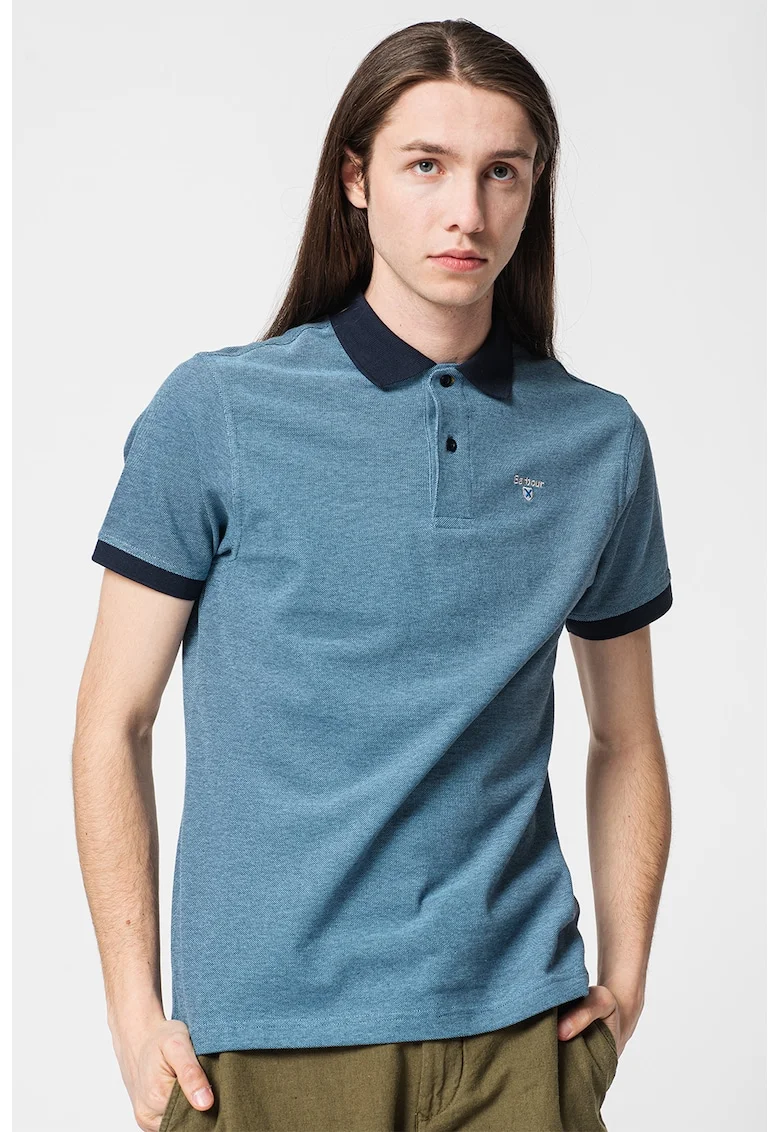 Tricou polo din pique cu guler si mansete contrastante Sports, Albastru prafuit