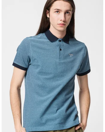 Tricou polo din pique cu guler si mansete contrastante Sports, Albastru prafuit