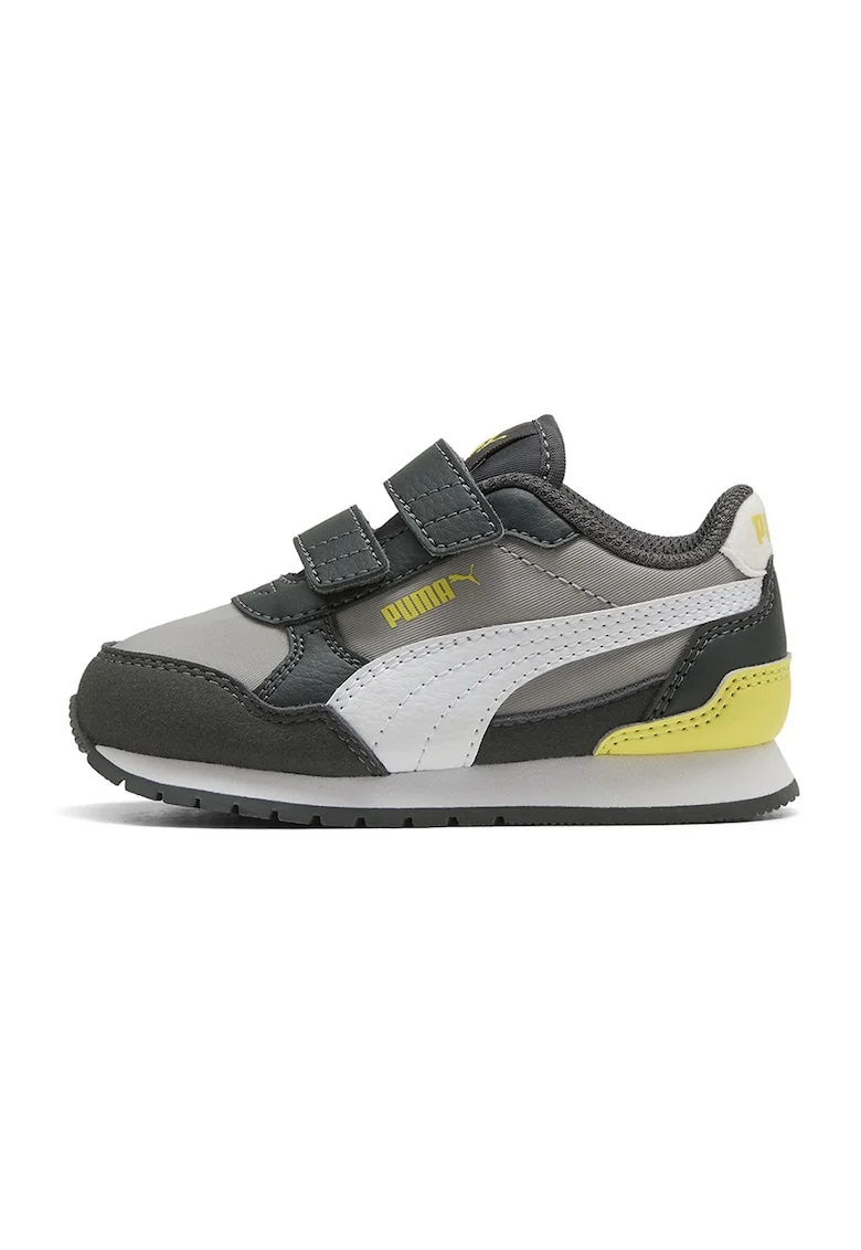 Pantofi sport ST Runner v4 de piele ecologica si material textil cu velcro, Negru/Gri inchis