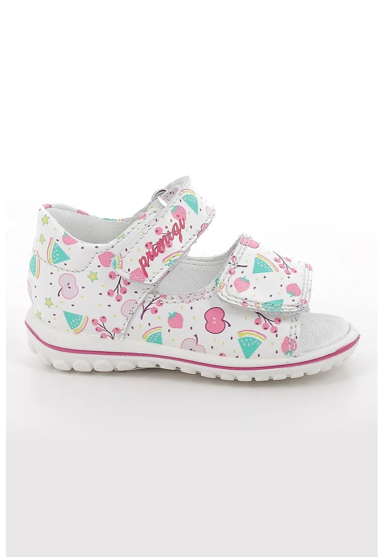 Sandale din piele cu model si inchidere velcro, Alb/Turcoaz/Roz