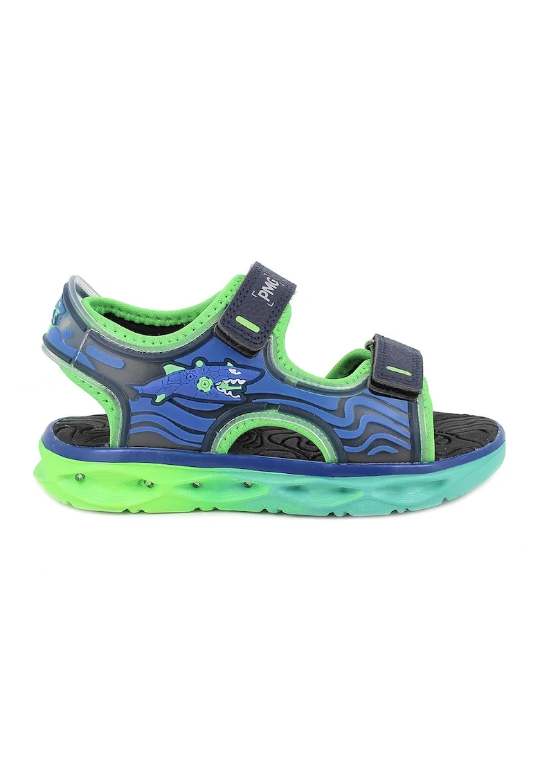 Pantofi sport din piele ecologica cu lumini LED pe talpa, Negru/Albastru royal/Verde lime