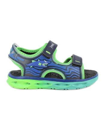 Pantofi sport din piele ecologica cu lumini LED pe talpa, Negru/Albastru royal/Verde lime