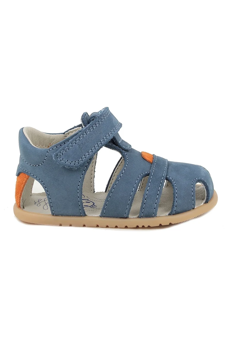 Sandale cu talpa plata si inchidere velcro, Albastru prafuit/Portocaliu mandarina