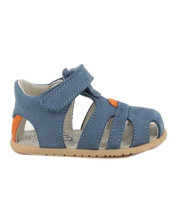 Sandale cu talpa plata si inchidere velcro, Albastru prafuit/Portocaliu mandarina