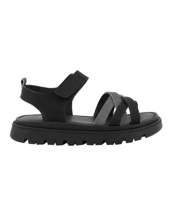 Sandale din piele ecologica cu detalii stralucitoare si talpa flatform, Negru