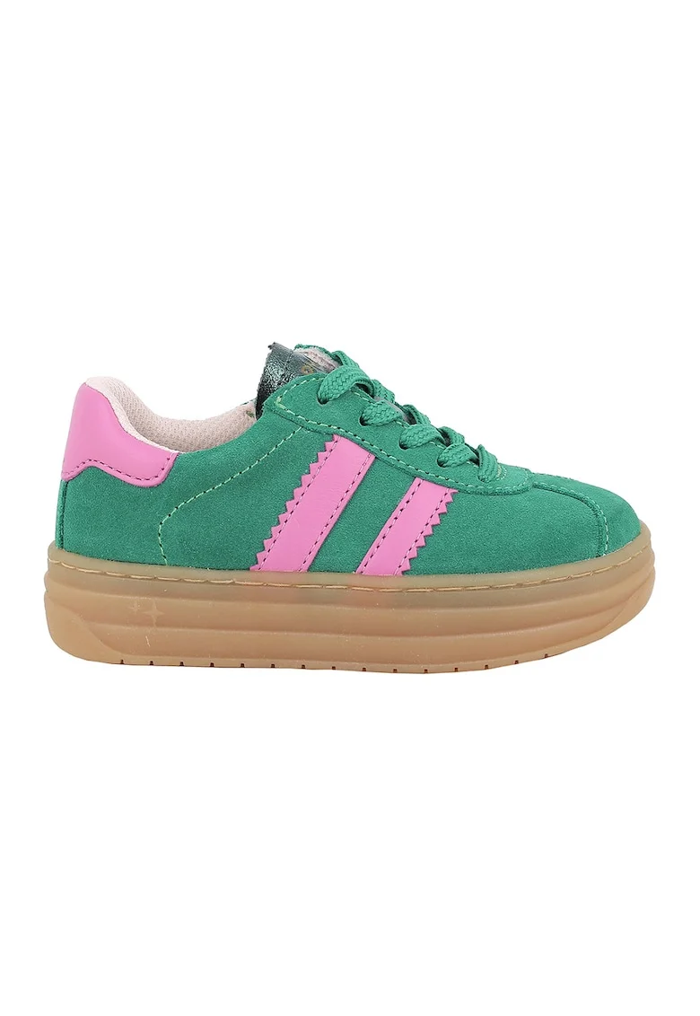 Pantofi sport din piele intoarsa cu talpa flatform si garnituri din piele ecologica, Roz deschis/Verde aquamarin