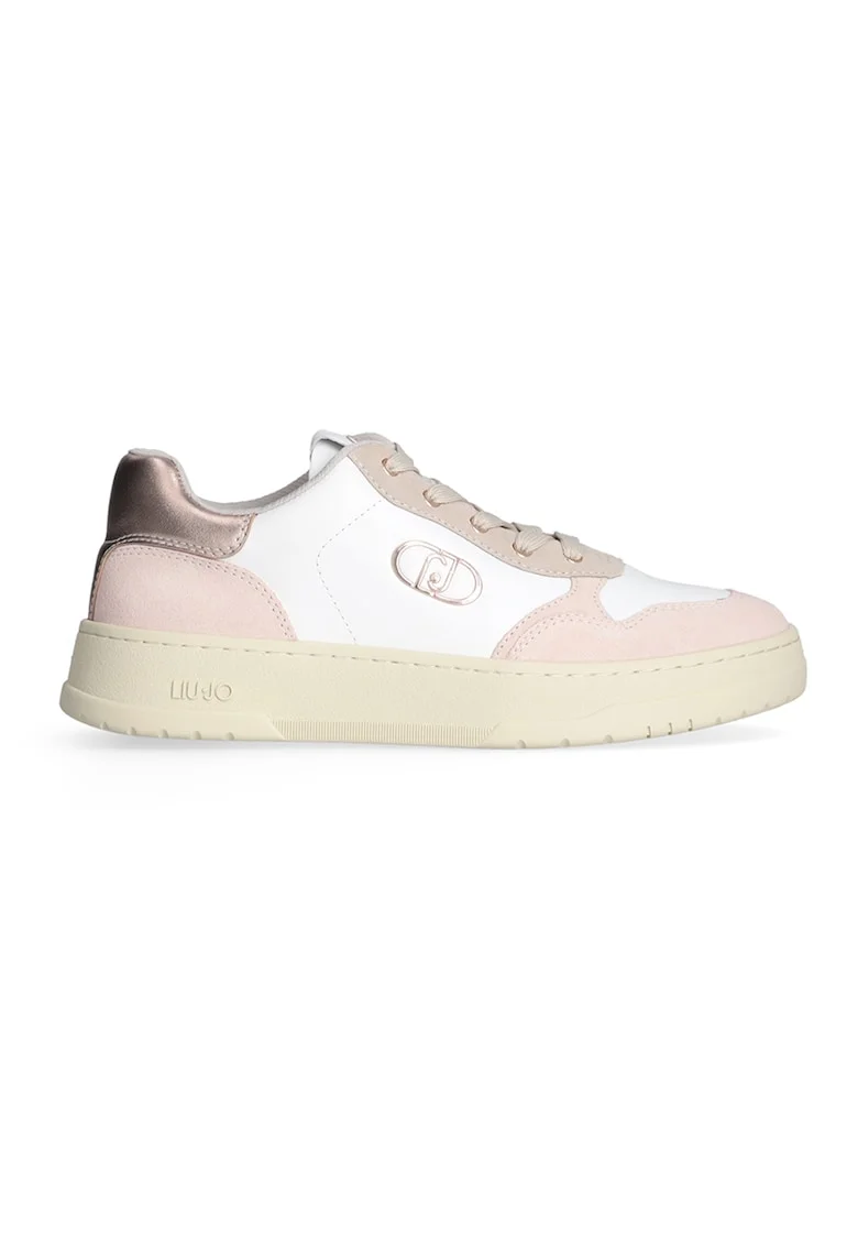 Pantofi sport din piele cu insertii din piele intoarsa, Alb/Roz prafuit