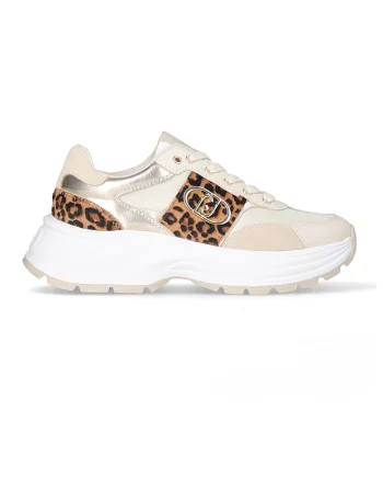Pantofi sport din piele si material textil cu model animal print, Maro/Bej