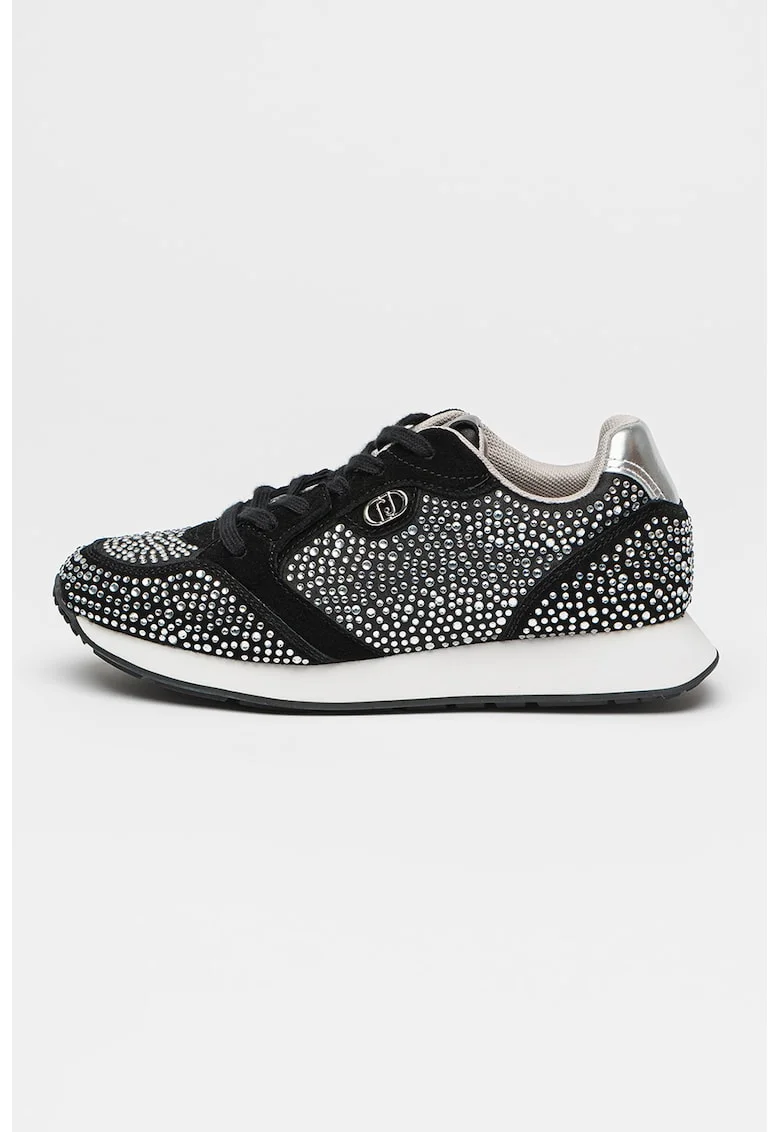 Pantofi sport din piele intoarsa cu aplicatii de strasuri Vibe, Negru/Argintiu