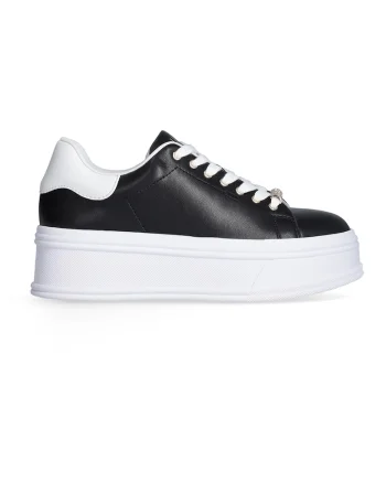 Pantofi sport din piele cu platforma si detalii metalice, Alb/Negru