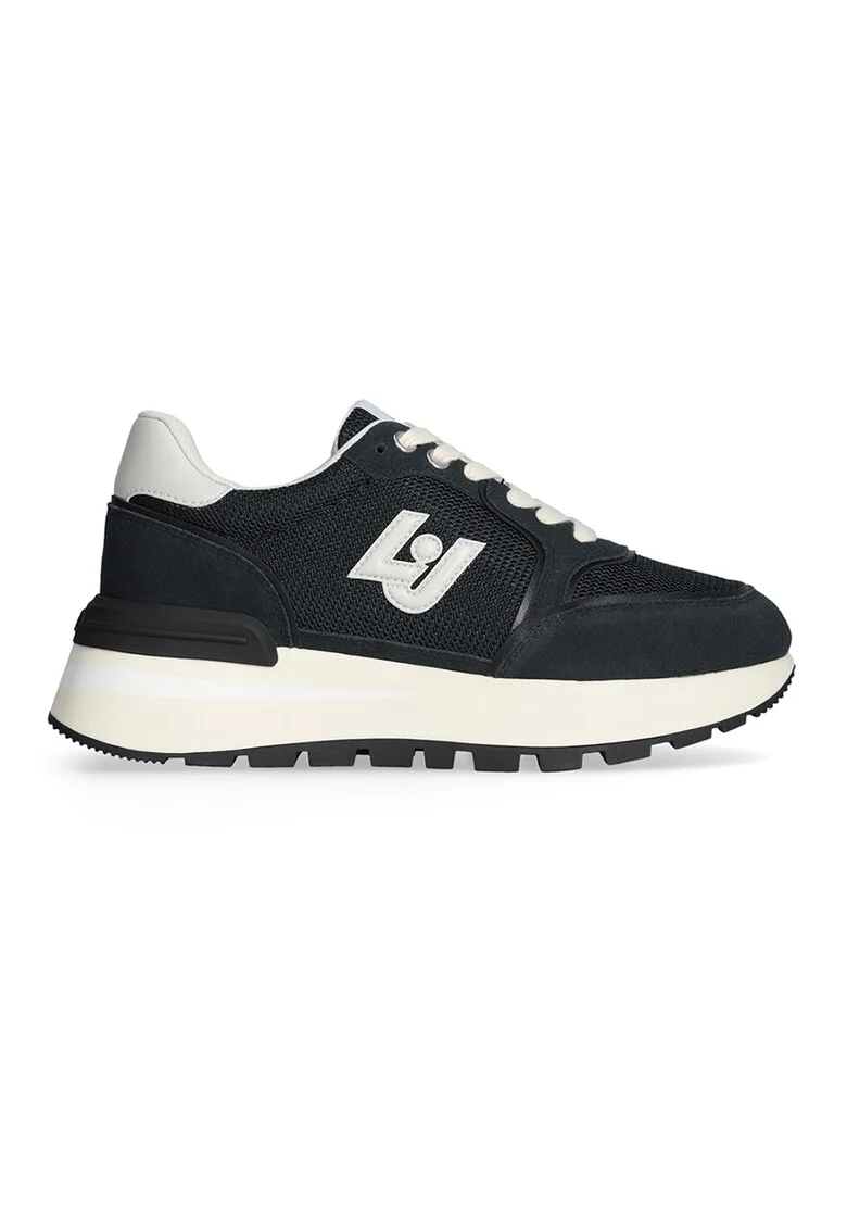 Pantofi sport din piele si material textil cu logo, Negru