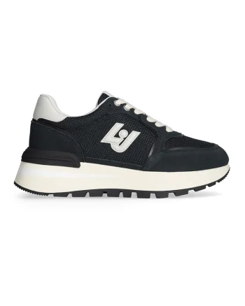 Pantofi sport din piele si material textil cu logo, Negru